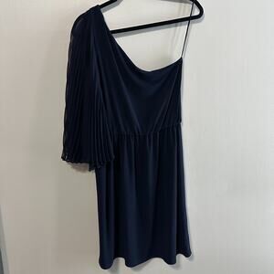 Alice & Olivia Pleated One Shoulder Dress Medium Navy Blue Cocktail Mini Formal